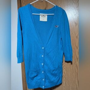 Hollister Women's Vibrant Blue Cardigan Large V Neck Y2K 3/4 Sleeve